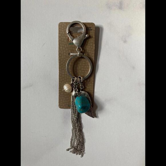 Mia Inspirations Fashion Keychain Silver Clip Turquoise, Pearl, & Bling Feather - Picture 2 of 4